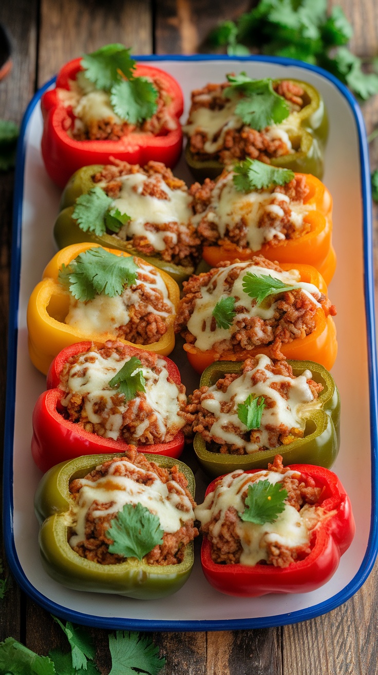 Jalapeño Beef-Stuffed Peppers filled with beef, rice, and cheese, garnished with cilantro on a rustic wooden table.